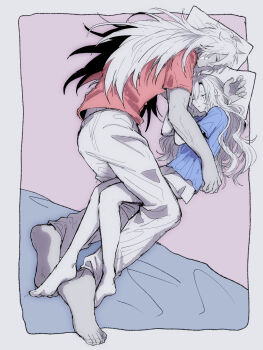 Rule 34 | 1boy, 1girl, a nzi end, barefoot, blue shirt, border, commentary request, fate/grand order, fate (series), hetero, highres, kriemhild (fate), long hair, pants, partially colored, pillow, red shirt, shirt, shorts, siegfried (fate), sleeping, sleeping together, white border