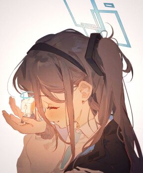1girl ^_^ aris_(blue_archive) black_hair blue_archive blue_necktie blush chinese_commentary closed_eyes commentary_request halo heads_together highres kei_(orange_robot)_(blue_archive) long_bangs long_sleeves necktie one_side_up profile shirt sidelocks simple_background smile upper_body white_background white_shirt yu-y_(824412)