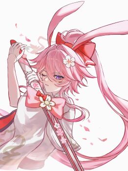 Rule 34 | 1girl, animal ears, bow, commentary request, evanescia (honkai: star rail), eyeliner, flower, hair between eyes, hair flower, hair ornament, highres, honkai: star rail, honkai (series), japanese clothes, katana, long hair, makeup, one eye closed, petals, pink hair, ponytail, purple eyes, red pupils, samurai, sword, very long hair, wa serin, weapon