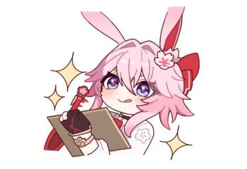 Rule 34 | 1girl, animal ears, black choker, black gloves, blush, chibi, chibi only, choker, clipboard, closed mouth, commentary request, cropped torso, evanescia (honkai: star rail), flower, gloves, hair between eyes, hair flower, hair intakes, hair ornament, holding, holding clipboard, honkai: star rail, honkai (series), kurumi dangoo, licking lips, looking at viewer, partially fingerless gloves, pink hair, purple eyes, rabbit ears, shirt, short hair with long locks, simple background, smile, solo, sparkle, tongue, tongue out, white background, white shirt