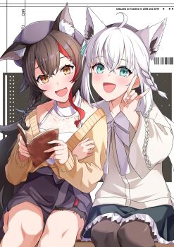 2girls ahoge animal_ears arm_hug beret black_pantyhose blush book braid collarbone fox_ears fox_girl fox_shadow_puppet green_eyes hair_between_eyes hat highres holding holding_book hololive long_hair long_sleeves looking_at_viewer multiple_girls ookami_mio open_mouth orange_eyes pantyhose pleated_skirt red_hair shirakami_fubuki shirt side_braid sitting skirt sleeveless sleeveless_shirt smile sweater tatsuki_ina very_long_hair white_shirt wide_sleeves wolf_ears wolf_girl yellow_sweater