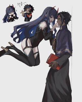 1boy 1girl absurdres alternate_costume black_bodysuit black_hair black_thighhighs blood blood_drip blood_on_face blood_on_hands blue_hair bodysuit book cassock chibi clerical_collar clothing_cutout cross dark-skinned_male dark_skin demon_horns fate/grand_order fate_(series) finger_to_another&#039;s_mouth floating full_body fuyotan high_heels highres holding holding_book holding_cross horns izcalli_(fate) latin_cross long_hair medium_hair multicolored_hair multiple_views priest scar scar_on_face scar_on_forehead sweatdrop tenochtitlan_(fate) thigh_cutout thighhighs two-tone_hair