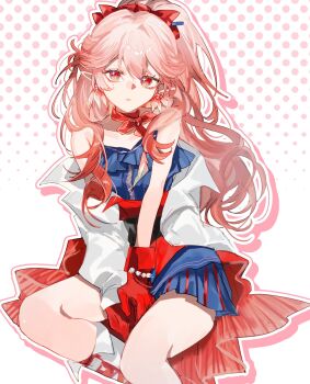 Rule 34 | 1girl, arknights, bare shoulders, ben-day dots, between legs, blue dress, bow, bracelet, commentary, dress, earrings, fumi (rdbm), gloves, hair bow, hand between legs, haruka (arknights), high ponytail, highres, invisible chair, jewelry, long hair, long sleeves, looking at viewer, mole, mole on cheek, multiple hair bows, neck ribbon, off shoulder, outline, own hands together, parted lips, pearl bracelet, pearl earrings, pink hair, pink outline, pointy ears, ponytail, red bow, red eyes, red gloves, red ribbon, ribbon, screentones, sitting, solo, sparkle, white background, white outline