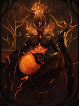 1girl absurdres ass black_bodysuit black_boots bodysuit boots breasts detached_sleeves ember_(heirloom)_(warframe) ember_(warframe) faceless fake_horns fire glowing glowing_eyes gold_trim helmet high_heels highres horned_headwear horns impossible_bodysuit impossible_clothes long_sleeves looking_at_viewer medium_breasts multicolored_bodysuit official_alternate_costume orange_bodysuit pyrokinesis sandersonrita signature sitting skin_tight solo thick_thighs thigh_boots thighhighs thighs warframe