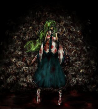 1girl blood dark female_focus green_hair knife kochiya_sanae koishi_komeiji&#039;s_heart-throbbing_adventure komeiji_satori ofuro_mantarou severed_head touhou when_you_see_it