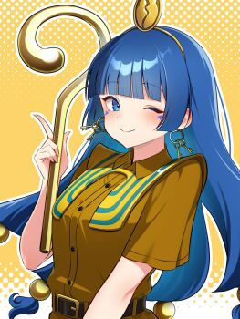 1girl belt blue_eyes blue_hair blunt_bangs blush brown_shirt collared_shirt earrings facial_mark gold_hairband hair_ornament hairband halftone halftone_background hand_up highres holding holding_scepter jewelry kaidama key_earrings long_hair looking_at_viewer low-tied_long_hair michigami_nareko one_eye_closed scepter shirt short_sleeves smile solo sphere_hair_ornament touhou triangle triangle_facial_mark upper_body usekh_collar