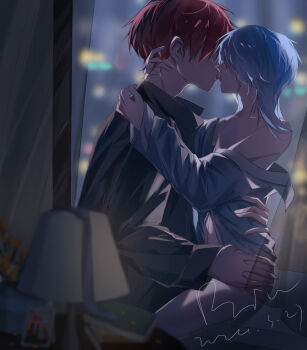 2boys absurdres akabane_karma ansatsu_kyoushitsu arm_around_neck arm_around_waist bioo_dd black_jacket blue_hair blurry bokeh bottomless chinese_commentary collarbone commentary_request depth_of_field french_kiss from_side grey_jacket highres hug indoors jacket kiss long_sleeves male_focus medium_hair multiple_boys navel off_shoulder open_mouth red_hair shiota_nagisa short_hair single_bare_shoulder tongue tongue_out yaoi