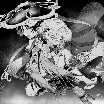 1boy 1girl alternate_hair_length_(shorter) anklet armlet armor blunt_ends blush bracelet bridal_gauntlets burnt burnt_clothes burnt_hair cape caramelo_game carrying child_carry choppy_bangs closed_eyes commentary_request detached_sleeves dress facing_down furisode genshin_impact greyscale hair_ornament hakama hakama_shorts hand_on_another's_back hat highres japanese_armor japanese_clothes jewelry jingasa kimono kote layered_sleeves leaf leaf_hair_ornament leg_warmers looking_at_another lower_teeth_only monochrome nahida_(genshin_impact) open_hands open_mouth own_hands_together pleated_shorts sandals scaramouche_(genshin_impact) short_hair short_sleeves shorts single_bare_foot stirrup_footwear tassel teeth toes tsurime wanderer_(genshin_impact) zouri