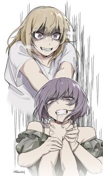 2girls absurdres asphyxiation bang_dream! bang_dream!_it's_mygo!!!!! bare_shoulders blonde_hair bracelet chinese_commentary clenched_teeth commentary_request constricted_pupils crazy_smile drooling fang furrowed_brow grey_shirt guagua977 hands_on_another's_neck highres jewelry looking_at_another medium_hair misumi_uika multiple_girls multiple_views purple_eyes purple_hair shaded_face shirt short_hair smile strangling tears teeth upper_body white_shirt wide-eyed yuutenji_nyamu