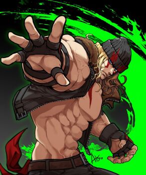 Rule 34 | 1boy, abs, alex (street fighter), ariss desuyo, arm up, bare pectorals, belt, black gloves, black jacket, black pants, blonde hair, blue eyes, body markings, brown belt, brown fur, closed mouth, commentary request, facial mark, fingerless gloves, frown, fur-trimmed collar, fur trim, gloves, groin, jacket, korean commentary, long hair, looking at viewer, male focus, muscular, muscular male, pants, pectorals, sleeveless, sleeveless jacket, solo, street fighter, street fighter 6, unzipped