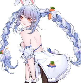 1girl absurdres animal_ear_fluff animal_ears bare_shoulders black_pantyhose blue_hair braid breasts carrot carrot_hair_ornament closed_mouth coat_dress commentary cowboy_shot don-chan_(usada_pekora) dress food-themed_hair_ornament from_side fur-trimmed_dress fur_scarf fur_trim hair_ornament highres hololive long_hair looking_at_viewer multicolored_hair orange_eyes pantyhose parted_bangs puffy_short_sleeves puffy_sleeves rabbit-shaped_pupils rabbit_ears rabbit_girl rosheil short_eyebrows short_sleeves simple_background small_breasts smile solo symbol-shaped_pupils thick_eyebrows twin_braids two-tone_hair usada_pekora virtual_youtuber white_background white_dress white_hair
