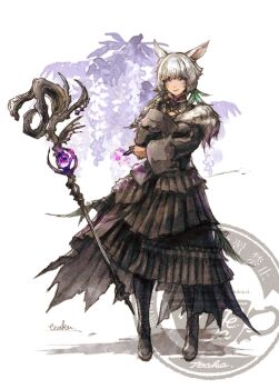 Rule 34 | 1girl, animal ears, apatite teaka, archon mark, black boots, black dress, blind, boots, cat ears, cat girl, clenched hand, commentary, dark-skinned female, dark skin, dress, facial mark, feather hair ornament, feathers, final fantasy, final fantasy xiv, fur-trimmed dress, fur trim, grey eyes, hair ornament, hand on own chin, highres, mage staff, miqo'te, neck tattoo, signature, smile, staff, tattoo, untranslatable commentary, watermark, whisker markings, white hair, y'shtola rhul