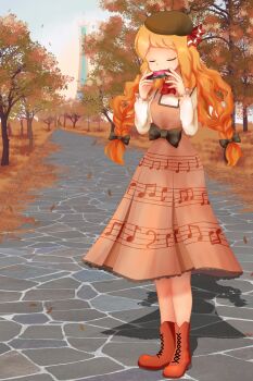 1girl autumn autumn_leaves beret black_bow boots bow braid brown_boots brown_dress brown_hair building chyndea closed_eyes commentary day dress dress_bow english_commentary full_body hair_bow harmonica hat highres holding holding_instrument instrument leaf long_hair lumiose_city music musical_note musical_note_print nintendo official_alternate_costume official_alternate_hairstyle outdoors path playing_instrument pokemon pokemon_(anime) pokemon_the_movie:_diancie_and_the_cocoon_of_destruction pokemon_xy_(anime) prism_tower road serena_(pokemon) shadow shirt shirt_under_dress sky solo standing tower tree twin_braids twintails white_shirt