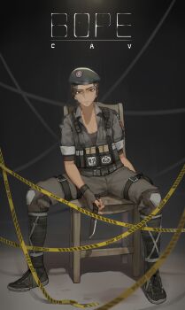 1girl bags_under_eyes beret black_hat black_nails bope braid breasts brown_eyes brown_gloves brown_hair caution_tape caveira_(rainbow_six_siege) chair character_name collared_shirt combat_knife commentary commission dark-skinned_female dark_skin english_commentary fingernails forehead full_body gloves grey_shirt hat highres holding holding_knife holster keep_out knee_pads knife load_bearing_vest long_eyebrows looking_at_viewer magazine_(weapon) military_operator nail_polish open_clothes open_shirt patch pouch rainbow_six rainbow_six_siege shirt shoes single_braid sitting sleeves_rolled_up small_breasts sneakers solo spread_legs thigh_holster thigh_pouch walkie-talkie weapon youzu_(youzuyozu)