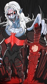 1boy all-black_the_necrosword armor armored_boots black_bodysuit bodysuit boots colored_skin dankthed evil_grin evil_smile fingernails grey_skin grin highres holding holding_sword holding_weapon knull_(marvel) long_fingernails long_hair male_focus marvel marvel_rivals pauldrons sharp_fingernails shoulder_armor smile sword symbiote weapon