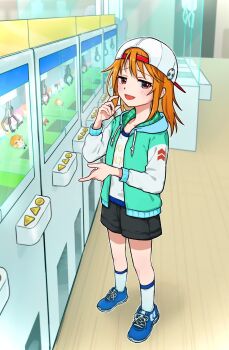 1girl baseball_cap character_doll chibigurumi child crane_game doll hair_between_eyes hat highres idolmaster idolmaster_cinderella_girls long_hair mishishi orange_hair shorts yuuki_haru