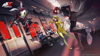 2boys 2girls animal arai_motoha artist_request bird black_hat black_jacket black_pants blonde_hair blue_eyes closer_(p5x) colored_sclera copyright_name gloves hat highres holding holding_weapon hood hood_up indoors jacket japanese_clothes kamishiro_nagisa kanou_shun looking_at_viewer lufel_(p5x) mask masked multiple_boys multiple_girls official_art owl pants persona persona_5 persona_5:_the_phantom_x red_hair red_mask soy_(p5x) standing standing_on_one_leg tanemura_riko third-party_source train_interior weapon white_mask wind_(p5x) wonder_(p5x) yellow_sclera