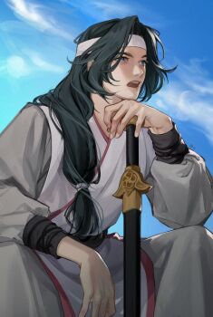 Rule 34 | 1boy, absurdres, baekcheon (return of the mount hua sect), black hair, blue sky, chinese clothes, commentary request, curtained hair, grey eyes, hair over shoulder, hair tie, hanfu, headband, highres, holding, holding sword, holding weapon, korean commentary, long hair, low-tied long hair, male focus, open mouth, parted bangs, return of the mount hua sect, sitting, sky, smile, solo, spendthesummer, sword, upper body, weapon, white hanfu, white headband