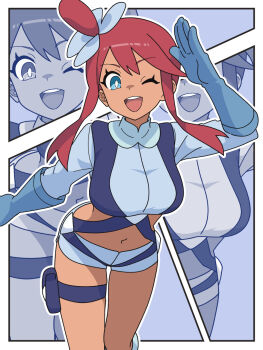 Rule 34 | 1girl, blue eyes, blue gloves, blue jacket, blue shorts, breasts, commentary request, crop top, cropped jacket, gloves, hair ornament, highres, jacket, kanbei (pixiv11037490), large breasts, long hair, looking at viewer, midriff, navel, nintendo, one eye closed, one side up, open mouth, pokemon, pokemon bw, red hair, short hair with long locks, short shorts, shorts, sidelocks, skyla (pokemon), smile, teeth, upper teeth only, zoom layer