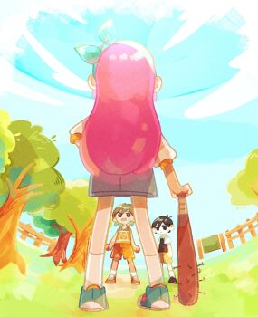 1girl 2boys antenna_hair aubrey_(faraway)_(omori) aubrey_(omori) baseball_bat black_eyes black_hair black_shoes black_sweater_vest blue_hairband blue_shoes blue_skirt blue_sky bright_pupils brown_hair brown_shorts closed_mouth cloud collared_shirt commentary_request dark-skinned_male dark_skin day denim denim_skirt double-parted_bangs from_behind hair_between_eyes hairband highres holding holding_baseball_bat jacket kel_(faraway)_(omori) kel_(omori) long_hair looking_at_viewer multiple_boys nail_(hardware) nail_bat o_tori_mhyk omori open_mouth orange_shoes orange_shorts outdoors pink_hair shirt shoes short_hair short_sleeves shorts skirt sky sneakers socks sunny_(omori) sweater_vest tree white_jacket white_pupils white_shirt white_socks