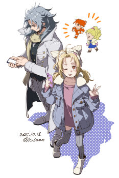 Rule 34 | 1boy, 1girl, :p, antenna hair, black vest, blonde hair, blue jacket, brown eyes, chibi, chibi inset, coat, commentary request, dated, dissidia duellum final fantasy, dissidia final fantasy, final fantasy, final fantasy i, final fantasy v, grey hair, grey thighhighs, highres, holding, holding phone, jacket, krile mayer baldesion (ff5), kurosuema, looking at phone, looking at viewer, medium hair, one eye closed, phone, pink shirt, ribbed thighhighs, scarf, shirt, short twintails, simple background, smile, thighhighs, tongue, tongue out, twintails, twitter username, v, vest, warrior of light (ff1), white background, white coat, yellow scarf