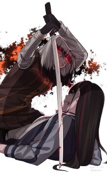 Rule 34 | 2girls, black gloves, black hair, black jacket, blood, blood on face, bloody weapon, blunt bangs, breasts, brown jacket, brown skirt, clenched teeth, collared shirt, colored tips, commentary request, gloves, glowing, glowing eyes, grey eyes, highres, holding, holding sword, holding weapon, inago akira, jacket, jouhou, katana, long hair, long sleeves, looking at another, lying, medium breasts, medium hair, multicolored hair, multiple girls, on back, open clothes, open jacket, origami family's elite guard uniform, red eyes, red hair, satsuki yomi, shade, shirt, simple background, sitting, sitting on person, skirt, streaked hair, striped clothes, striped shirt, sword, teeth, toji no miko, weapon, white background, white hair, white shirt