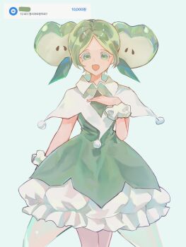 Rule 34 | 1girl, apple faerie cookie, apple hair ornament, asymmetrical eyelashes, candy apple cookie, colored skin, cookie run, cookie run: kingdom, disguise, dress, food, food-themed hair ornament, green hair, hair ornament, highres, humanization, hyuni7777, looking at viewer, open mouth, puffy sleeves, short hair, smile, white hair
