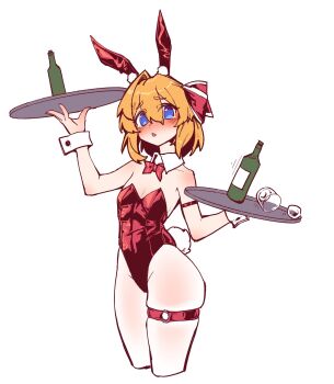 1girl animal_ears arm_ribbon bare_shoulders blonde_hair blue_eyes blush bottle bow bowtie breasts collar cup d&#039;orsay_heels drinking_glass fake_animal_ears hair_bow hand_up high_heels highres holding holding_plate ice ice_cube leotard nose_blush original pantyhose plate playboy_bunny rabbit_ears rabbit_tail red_bow red_bowtie red_leotard red_shoes ribbon shoes short_hair shot_glass simple_background skindentation small_breasts stank strappy_heels tail thigh_strap white_collar white_pantyhose white_wrist_cuffs wrist_cuffs