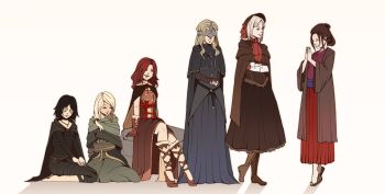 6+girls anastacia_of_astora ascot black_hair blonde_hair bloodborne bonnet brown_hair cape company_connection covered_eyes crossover dark_souls_(series) dark_souls_i dark_souls_ii dark_souls_iii delsinsfire demon&#039;s_souls dress emerald_herald emma_the_gentle_blade female_focus fire_keeper fromsoftware full_body in-franchise_crossover kneeling maiden_in_black multiple_girls plain_doll red_hair robe sekiro:_shadows_die_twice silver_hair sitting standing trait_connection
