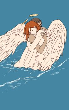 Rule 34 | 1boy, 1girl, angel, angel devil's lover, angel devil (chainsaw man), angel wings, brown hair, chainsaw man, closed eyes, couple, dark-skinned female, dark skin, facial tattoo, halo, highres, holding, hug, light smile, nejiaji, ocean, red hair, spoilers, tattoo, wading, wings