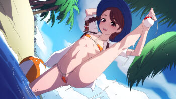 1girl absurdres asymmetrical_bangs ball beach beachball bikini blouse blsh_(blshwrks) blue_hat braid breasts brown_eyes brown_hair cloud collared_shirt dutch_angle facing_viewer female_focus flat_chest hair_ornament hat highres juliana_(pokemon) loli looking_at_viewer micro_bikini navel nintendo open_clothes open_shirt orange_bikini outdoors palm_tree partially_visible_vulva poke_ball pokemon pokemon_sv revealing_clothes self-upload shirt short_hair side_braid single_braid sky small_breasts smile solo split standing standing_on_one_leg standing_split string_bikini swimsuit tree underboob wading white_shirt