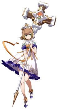 1girl arm_strap bare_shoulders breasts brown_hair candle cleric closed_mouth crosier cross cross_print dress elma_(langrisser) fire fold-over_boots frilled_dress frills full_body game_cg hair_between_eyes hat highres holding holding_staff langrisser langrisser_mobile langrisser_re:incarnation leg_up legs looking_at_viewer medium_hair mitre multicolored_shoes official_art priestess short_dress simple_background small_breasts smile solo staff standing standing_on_one_leg strap tachi-e third-party_source transparent_background white_dress