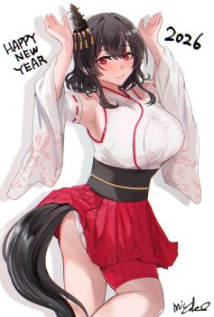 1girl 2026 absurdres arms_up ass black_hair blush breasts chinese_zodiac commentary_request detached_sleeves hair_ornament happy_new_year headgear highres horse_tail japanese_clothes kantai_collection large_breasts long_hair miyako_(rgrayt) new_year nontraditional_miko red_eyes short_hair signature smile solo tail white_background wide_sleeves yamashiro_(kancolle) year_of_the_horse