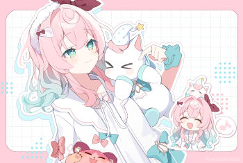 Rule 34 | 1girl, absurdres, chimera (honkai: star rail), commentary request, green eyes, grid background, hat, highres, honkai: star rail, honkai (series), hyacine (honkai: star rail), hyacine (sweet slumber) (honkai: star rail), little ica (honkai: star rail), long hair, memosprite, multicolored hair, musical note, nightcap, nightgown, official alternate costume, open mouth, pajamas, pink hair, simple background, sleepwear, smile, spoken musical note, two-tone hair, uwasewau, white nightgown