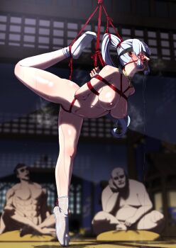 1girl 2boys arms_behind_back ayaka_(genshin_impact) bdsm bit_gag blindfold blush bondage bound breasts gag gagged genshin_impact highres indian_style large_breasts leg_up multiple_boys nude ponytail pussy_juice restrained saliva shibari sitting solo_focus suspension tabi white_hair zetsu_red
