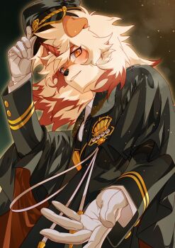 1boy absurdres animal_ears arknights blush character_name commentary_request furry furry_male gloves hat highres holding holding_unworn_clothes holding_unworn_hat horns hung_(arknights) hung_(just_a_driver)_(arknights) looking_at_viewer male_focus mane_(omedemidori) multicolored_hair mythological_creature official_alternate_costume outstretched_hand single_horn streaked_hair unworn_hat unworn_headwear white_gloves