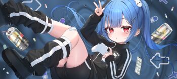 1girl bandaid bandaid_on_leg black_jacket black_shorts blue_hair can commentary_request controller ear_piercing game_controller hair_ornament hairclip highres holding jacket kanae_(tsukiman) long_hair long_sleeves original piercing pill rabbit_hair_ornament red_eyes shoes shorts sleeves_past_wrists socks solo strong_zero track_jacket tsukiman twintails very_long_hair