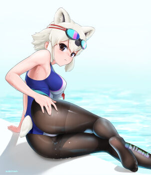 1girl animal_ears ass bear_ears bear_girl bear_tail beleven black_hair black_pantyhose blush breasts brown_eyes competition_swimsuit extra_ears feet highleg highleg_one-piece_swimsuit highres kemono_friends kemono_friends_3 large_breasts looking_at_viewer multicolored_hair multicolored_swimsuit one-piece_swimsuit pantyhose pantyhose_under_swimsuit polar_bear_(kemono_friends) poolside short_hair sidelocks soles solo swimsuit tail thighs two-tone_hair two-tone_swimsuit white_hair