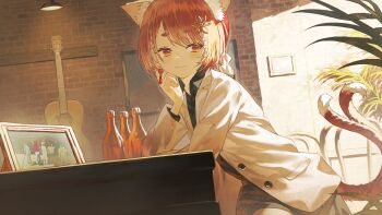 1girl acoustic_guitar animal_ear_fluff animal_ears black_jacket bottle cat_ears cat_girl cat_tail earrings elbow_rest fagi_(kakikaki) flower_hairpin guitar hananoki_maru hand_on_own_cheek hand_on_own_face head_rest highres indie_virtual_youtuber indoors instrument jacket jewelry long_sleeves looking_at_viewer madtown_gta multiple_tails photo_(object) short_hair sitting solo tail tassel tassel_earrings two_tails virtual_youtuber white_jacket