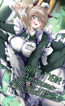 1girl absurdres anniversary apron breasts brown_hair commentary cowboy_shot dress english_commentary green_dress hair_between_eyes hat highres indie_virtual_youtuber large_breasts nimi_nightmare nurse_cap open_mouth punpond smile solo v virtual_youtuber white_apron