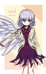 Rule 34 | 1girl, 2020, artist name, bow, brooch, closed mouth, collared shirt, dated, ears, feathered wings, hair between eyes, ichirugi, jewelry, kishin sagume, knees, long sleeves, looking at viewer, nose, red bow, red eyes, shirt, simple background, single wing, skirt, smile, solo, standing, touhou, white background, white hair, wings, yellow background