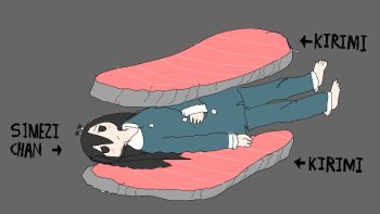 barefoot black_eyes black_hair diagram english_text flat_color floating food food_on_head grey_background hair_between_eyes highres levitation lying mushroom_on_head object_on_head on_back pajamas sad salmon shimeji_simulation sketch tsukishima_shijima tsukumizu_yuu
