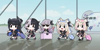 5girls :3 absurdres aircraft airplane airport alternate_costume animal_ear_fluff animal_ears bandaid bandaid_hair_ornament black_hair black_ribbon black_shirt black_skirt blonde_hair blue_hair blue_hairband blue_sky blush chibi closed_mouth cloud colored_inner_hair commentary day deal_with_it_(meme) dog_ears dog_girl dog_tail english_commentary full_body fuwawa_abyssgard hair_ornament hair_ribbon hairband hairclip highres holding holding_suitcase holoadvent hololive hololive_english koseki_bijou long_hair matching_outfits medium_hair meme midriff mococo_abyssgard mole mole_under_eye multicolored_hair multiple_girls musical_note navel nerissa_ravencroft open_mouth pebble_(koseki_bijou) pink_hair pink_hairband purple_hair ribbon rolling_suitcase shadow shiori_novella shirt short_hair short_sleeves sitting skirt sky smile snowmya split-color_hair streaked_hair suitcase sunglasses tail two-tone_hair virtual_youtuber
