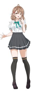 1girl anime_coloring black_skirt black_thighhighs bow bowtie brown_hair brown_shoes buttons closed_mouth collared_shirt full_body green_bow green_bowtie hair_between_eyes hair_ornament loafers looking_at_viewer mariya_mikhailovna_kujou medium_hair murota_yuuhei official_art pleated_skirt school_uniform shirt shirt_tucked_in shoes short_sleeves simple_background skirt smile solo standing thighhighs tokidoki_bosotto_roshia-go_de_dereru_tonari_no_alya-san transparent_background vest white_shirt yellow_eyes zettai_ryouiki