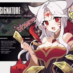 Rule 34 | 1girl, @ @, ahri (league of legends), animal ears, bare shoulders, blush, breasts, cleavage, facial mark, fang, fingernails, forehead, fox, fox ears, fox tail, fuiyu (feuille0818), highres, holding, holding money, immortalized legend ahri, league of legends, long hair, looking at viewer, money, nail polish, open mouth, parted bangs, red nails, sidelocks, solo, surprised, sweatdrop, tail, upper body, whisker markings, white hair
