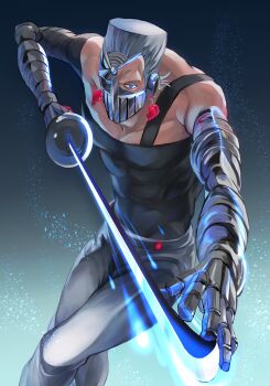 1boy armor blue_eyes broken_heart crossed_legs earrings feet_out_of_frame flattop fusion glowing glowing_eyes grey_hair grey_pants half-closed_eyes heart heart_earrings highres holding holding_sword holding_weapon jean_pierre_polnareff jewelry jojo_no_kimyou_na_bouken light_particles looking_at_viewer male_focus muscular muscular_male non_(nikonikooon) outstretched_arm pants silver_chariot single_strap sleeveless solo stand_(jojo) stardust_crusaders sword weapon