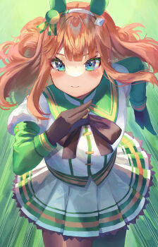 Rule 34 | 1girl, absurdres, animal ears, black bow, black gloves, black pantyhose, blunt bangs, blush, bow, closed mouth, commentary request, ear covers, gloves, green eyes, green sailor collar, green sleeves, hairband, highres, hime cut, horse ears, horse girl, long hair, long sleeves, looking at viewer, motion blur, orange hair, pantyhose, pleated skirt, running, sailor collar, silence suzuka (innocent silence) (umamusume), silence suzuka (umamusume), skirt, smile, solo, umamusume, white hairband, white skirt, yoru usagi
