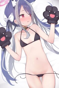 1girl alternate_costume animal_ear_fluff animal_ears animal_hands averting_eyes bare_shoulders bed_sheet bell bikini bitseon black_bikini black_choker blue_archive blue_hair blush bow breasts cat_ears cat_paws choker collarbone dot_nose embarrassed flat_chest fubuki_(blue_archive) gloves gluteal_fold grey_hair hair_bow halo hands_up highres jingle_bell kemonomimi_mode loli long_hair looking_to_the_side lying multicolored_hair navel neck_bell on_back on_bed open_clothes open_mouth paw_gloves pink_halo red_eyes side-tie_bikini_bottom small_breasts solo streaked_hair sweatdrop swimsuit thigh_gap thighs twintails untied_bikini very_long_hair white_bow