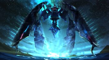 absurdres apoqliphort_towers asaki_(asaki_vision) bird duel_monster full_body highres machine nebula night no_humans outdoors sky solo star_(sky) water yu-gi-oh!