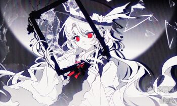 1girl black_hat black_vest broken_glass closed_mouth collared_shirt dolls_in_pseudo_paradise glass glass_shards hat highres holding holding_picture_frame hutaodehetao jacket_girl_(dipp) long_hair long_sleeves looking_at_viewer neck_ribbon parted_bangs partially_colored picture_frame red_eyes red_ribbon ribbon shirt solo touhou upper_body very_long_hair vest white_shirt wide_sleeves